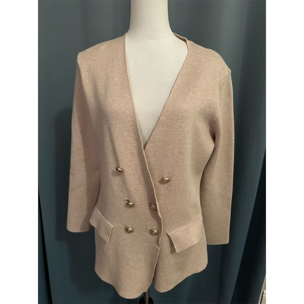 80 Park Women's Double-Breasted Sweater Blazer Tan Cardigan Size L - Picture 2 of 8